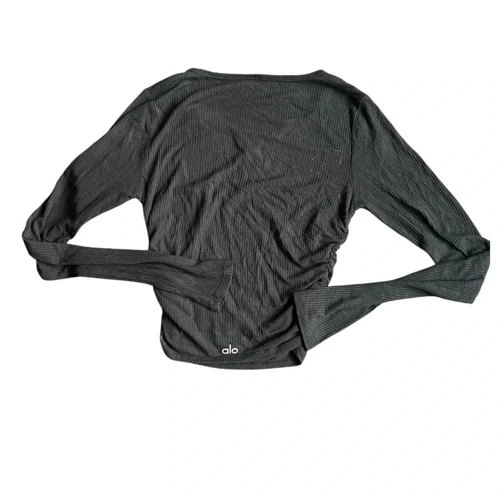 Alo Yoga Gathered Rib-Knit Crop Top Black Side Ruched Long Sleeve Top  Women's